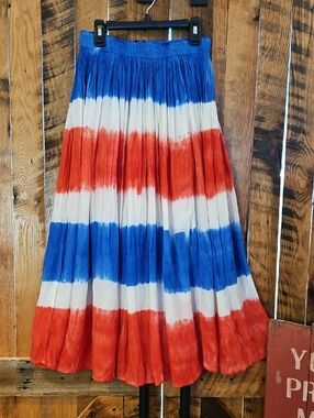 297 Tiered Pleated Maxi Skirt in Red, White & Blue